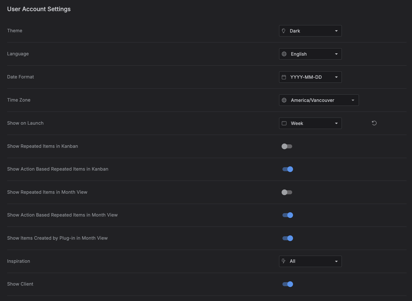 Kalendi - User Account Settings