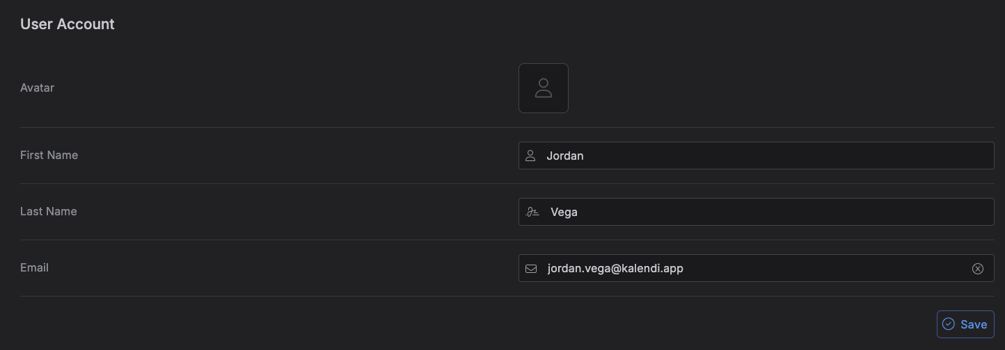 Kalendi - User Account Settings